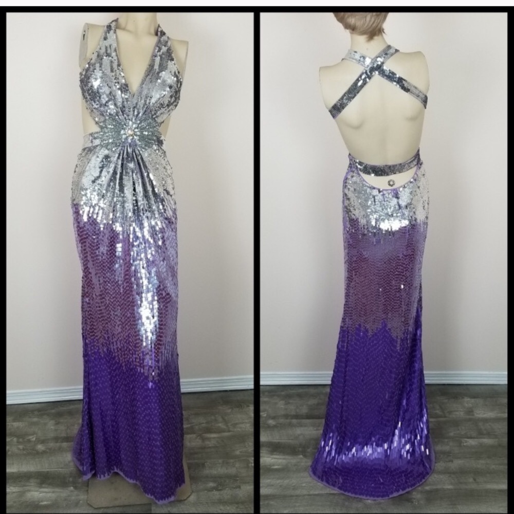 💜Mac Duggal purple and silver ombre sequin gown💜